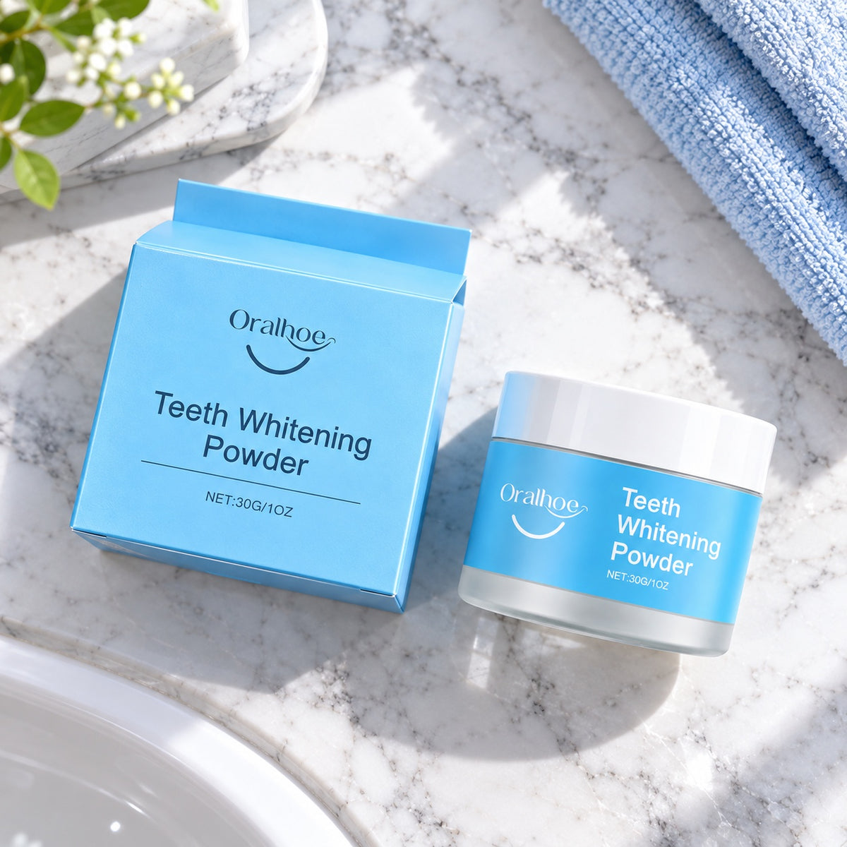 Oralhoe whitening powder jar and box on a marble counter