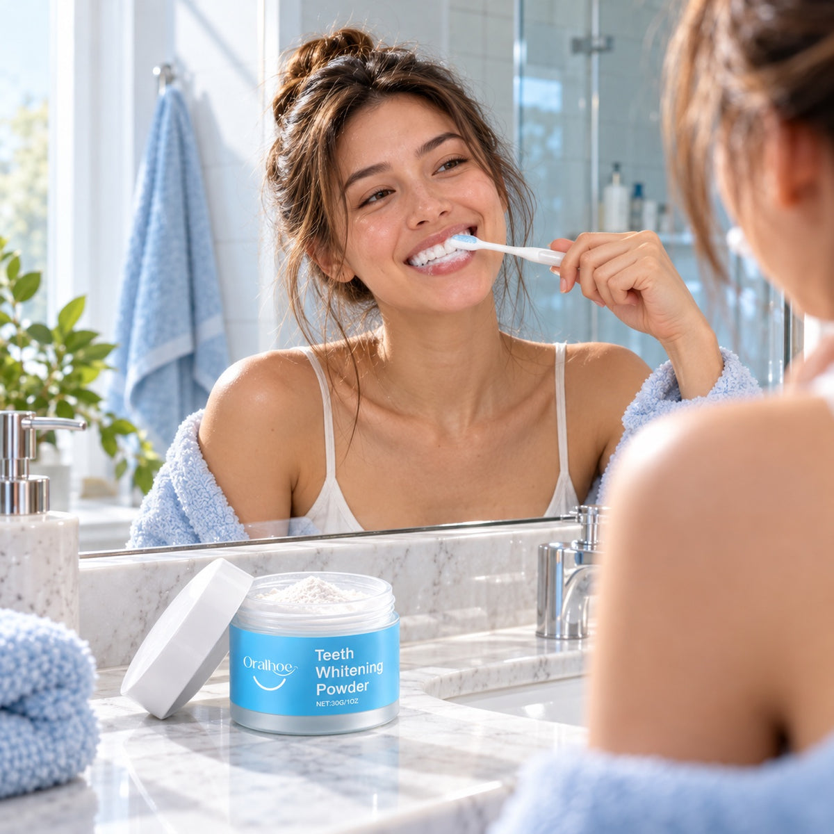 Brushing with Oralhoe whitening powder in the bathroom mirror